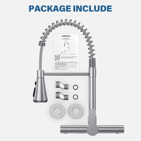 Hurran Wall Mount Kitchen Faucet, Commercial Utility Sink Faucet with flexible sprayer and accessories included.
