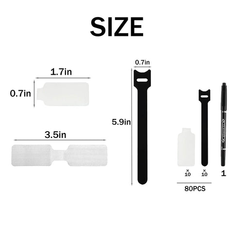 Dimensions of 80 Pack Cable Labels and Cord Ties Kit with Write-On Wire Labels, Snap Ties, Dual-Tip Marker for Home Office