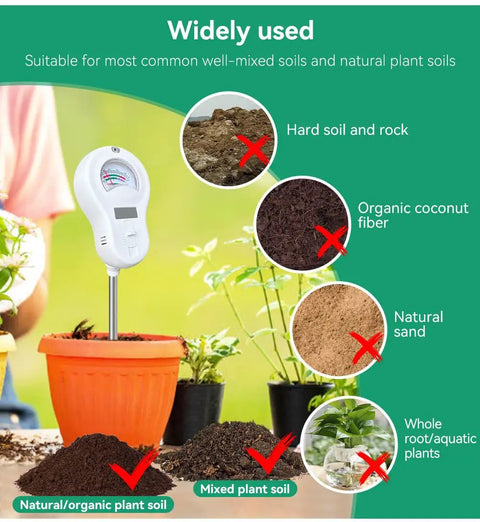 All In One Garden Sensor With Removable Probe For Soil Moisture And PH Testing Plus Fertility, Sunlight Intensity, Temperature And Humidity Readouts For Gardens, Lawns And Farms AAA Battery Included in orange plant pot with soil types illustration