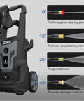 Electric Pressure Washer 1600 PSI 1.2 GPM With Detergent Tank showing 4 quick connect nozzles for cleaning tasks.