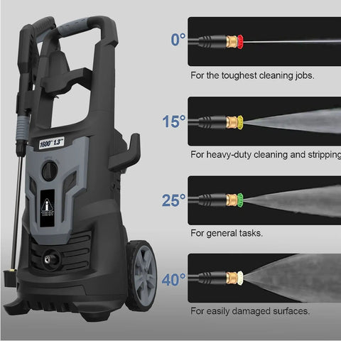 Electric Pressure Washer 1600 PSI 1.2 GPM With Detergent Tank showing 4 quick connect nozzles for cleaning tasks.