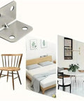 Heavy Duty L Shaped Shelf Brackets With Screws, Rust Proof Corner Braces, Solid Angle Iron Mounts For Cabinets Tables, Smooth Burr Free Edge, No Sweat Assembly For Your Garage Or Workshop, 100 Pack, shown with modern furniture in background.