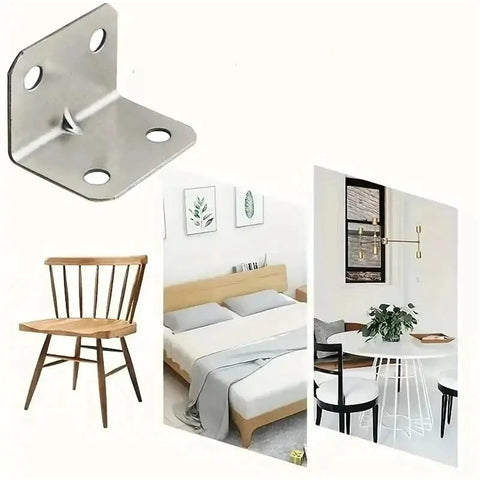 Heavy Duty L Shaped Shelf Brackets With Screws, Rust Proof Corner Braces, Solid Angle Iron Mounts For Cabinets Tables, Smooth Burr Free Edge, No Sweat Assembly For Your Garage Or Workshop, 100 Pack, shown with modern furniture in background.