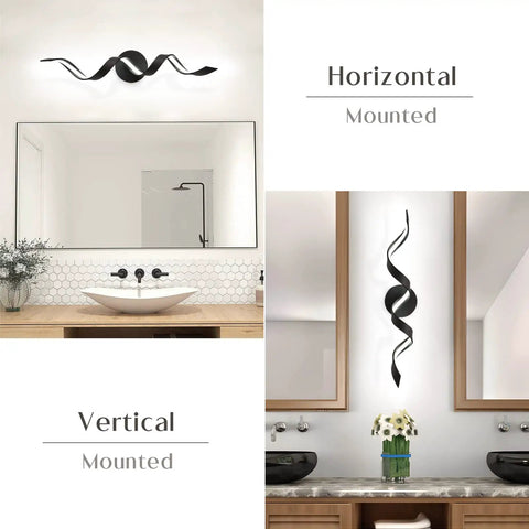 Dimmable 24 Inch Black LED Vanity Light With Dope Spiral Design For Over Mirror Install Modern Bath Lighting Fixture 15W Low Profile 6000K Daylight White Wall Mount shown horizontally and vertically mounted