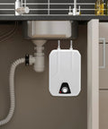 Wall Mounted Electric Mini Tank Water Heater 1.59 Gallon 1500 Watt 110 Volt Adjustable Thermostat installed under sink.