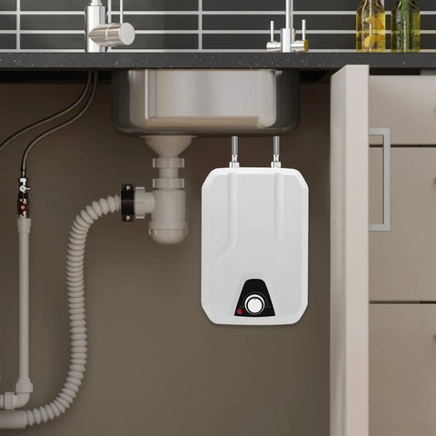 Wall Mounted Electric Mini Tank Water Heater 1.59 Gallon 1500 Watt 110 Volt Adjustable Thermostat installed under sink.