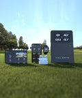 Golf Launch Monitor And Simulator Kit With 16 Data Points And 5D AI Radar on grass field displaying data on devices