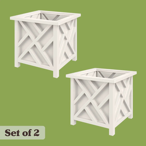 Two-Pack Lattice Outdoor Planter Boxes 15.5 Inch Square 16.5 Inch Tall White Decorative Flower Pots For Front Porch Patio Or Garden Decor Durable Outdoor Planters For Plants