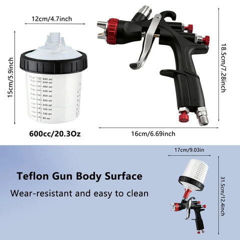 Pro Grade LVLP Spray Gun With Easy Swap 1.3 1.5 1.7 2.0 Mm Tips Plus Ten Disposable Cups showing gun and 600cc cup dimensions.