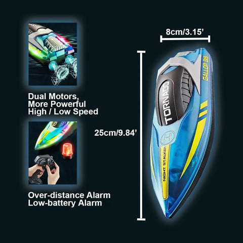 Kid And Adult Friendly RC Boat With Dope LED Lights Fast Up To 15 Kilometers Per Hour 2 4G Remote Control size and features