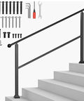 Built Tough Metal Handrail Kit With Fade Proof Finish And Fully Adjustable Height For Secure Outside Porch Deck Balcony Projects featuring parts and assembly tools.