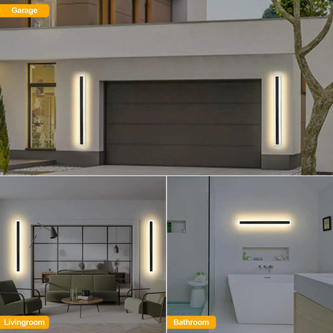 2 Pack Outdoor Wall Lights 32 Inch 24W IP65 Frosted Acrylic LED Modern Rectangular Black Wall Fixtures in garage, living room, bathroom
