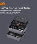 Stacked desktop mini tool station from 100-piece precision screwdriver set with ratchet and magnetic tweezers for electronics
