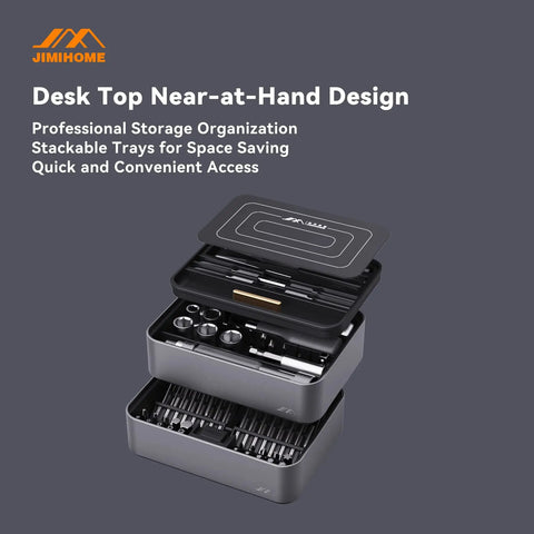 Stacked desktop mini tool station from 100-piece precision screwdriver set with ratchet and magnetic tweezers for electronics