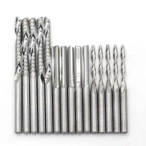 End Mill Set With One Eighth Inch Shank Fifteen Piece Kit Of Solid Tungsten Carbide CNC Router Bits For Engraving Milling Roughing Hollowing And 3D Sculpting Includes Five Two Flute Ball Nose Bits Five Double Edged Straight And Five Single Flute Bits