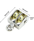 Four Pack 1.42 Inch Double Pulley Block Set for Lifting heavy duty stainless steel zinc alloy with swivel hooks, dimensions shown.