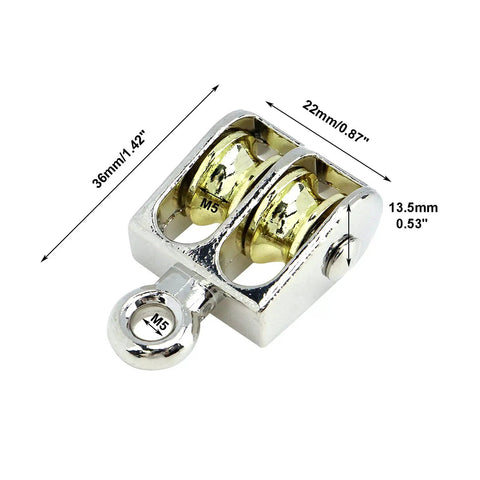 Four Pack 1.42 Inch Double Pulley Block Set for Lifting heavy duty stainless steel zinc alloy with swivel hooks, dimensions shown.