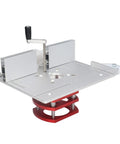 Premium Stainless Steel Router Table Lift System With Precision Insert Base Plate showing stainless steel surface and adjustable features.