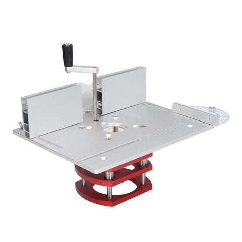 Premium Stainless Steel Router Table Lift System With Precision Insert Base Plate showing stainless steel surface and adjustable features.