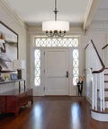 Five Light Traditional Chandelier With White Linen Drum Shade Dope Adjustable Height Oil Rubbed Black Finish Modern Ceiling Light Fixture For Dining Room Living Room Bedroom Or Foyer Black And White over a foyer.