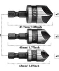 3-Piece Countersink Chamfer Drill Bit Set With 5-Flute 90 Degree Bits, One Quarter Inch Hex Shank, Includes 12mm 16mm 19mm Sizes