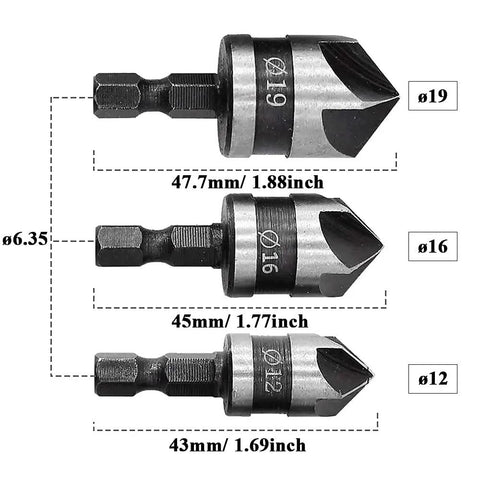3-Piece Countersink Chamfer Drill Bit Set With 5-Flute 90 Degree Bits, One Quarter Inch Hex Shank, Includes 12mm 16mm 19mm Sizes