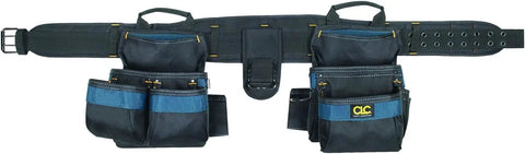 Carpenter's Ballistic Combo Tool Apron Set With 20 Pockets, 4-Piece, Black Durable Nylon, wide view of pockets and belt.