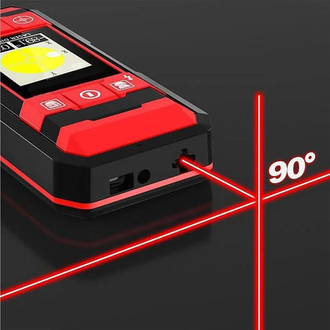 Close-up of Multi Wall Scanner Stud Finder, Distance Meter Angle Gauge displaying laser at 90° angle on a black background.