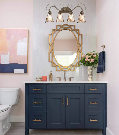 Retro Vintage Four Light Wall Lamp For Bathroom Vanity With Amber Glow Glass Shade Scroll Arm Design In Golden Bronze Finish