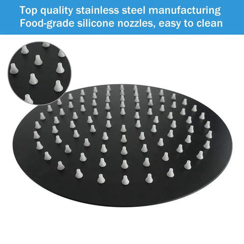 Close-up of 8 Inch Matte Black Stainless Steel Rain Shower Head With High Flow Water Pressure Boost Ultra Thin Design Heavy Duty