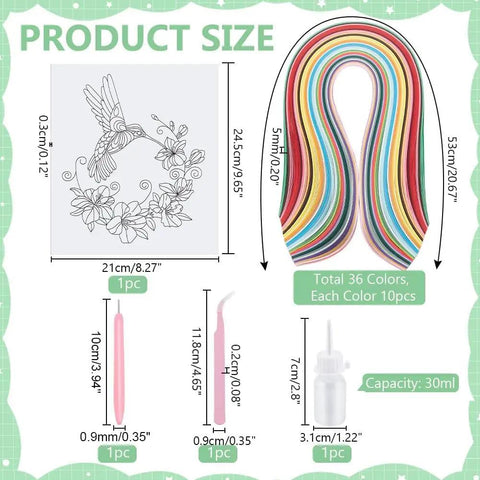 Killer DIY Quilling Kit Featuring 240 Dope Color Strips And A Smooth Guide Tool for flower hummingbird craft projects, showing size and components.