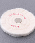 Two Pack 6 Inch White Cloth Polishing Buffing Wheels For Jewelry And Stainless Steel Heavy Duty Abrasive Wheel on grey surface.
