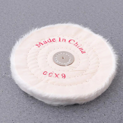 Two Pack 6 Inch White Cloth Polishing Buffing Wheels For Jewelry And Stainless Steel Heavy Duty Abrasive Wheel on grey surface.