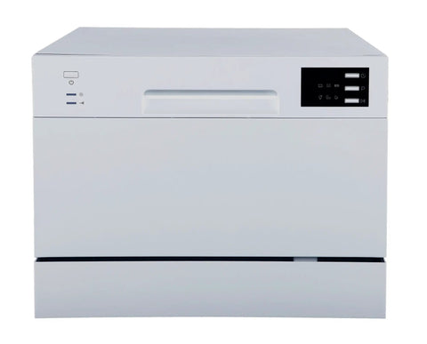 Top Shelf Compact Countertop Dishwasher Featuring Energy Star Efficiency Plus Delay Start Timer With Bright Led Interface in sleek silver.