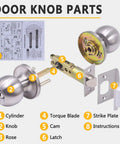 Set Of 4 No Fuss Satin Nickel Privacy Door Knobs With Adjustable Latch Fits Standard Backsets, diagram of parts