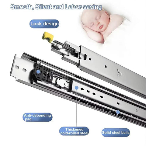 Heavy Duty Drawer Slides With Lock, 500 Lb Capacity, Full Extension, Side Mount Ball Bearing Rails, 68 Inch Length, 76mm Wide