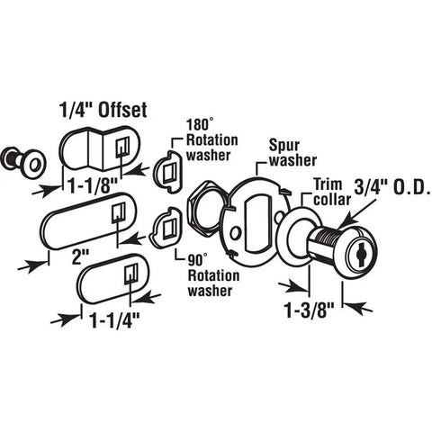 Diagram showing the drawer and cabinet lock with diecast housing in classic bronze finish, including 1-3/8 inch latch and components.