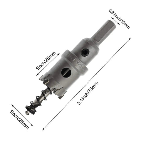 Carbide Tooth Tipped Hole Saw Cutter 1 Inch 25mm For Stainless Steel Sheet Metal Plastic FRP, side view with dimensions