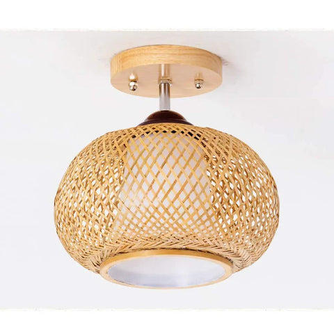 Bamboo Cage Ceiling Light in Wood Finish, Rural Style Pendant for Dining Room and Living Areas, Semi Flush Mount Fixture