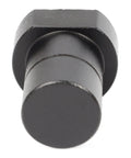 Close-up of a black aluminum bench dog from the 8 Piece Aluminum Bench Dogs Set For Woodworking, three quarters inch size.