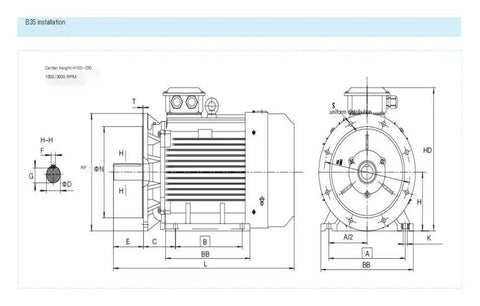 Technical drawing of Beefy Three Phase AC Permanent Magnet Synchronous Variable Frequency Drive Motor For Industrial VFD Control 22 kW Durable And Stable Operation Easy Install Rugged Design Wide Applications Built To Last, showing side and front dimensions.