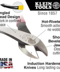 Klein Tools D248-8 diagonal cutting pliers, 8-inch, angled head, close-up, made in USA