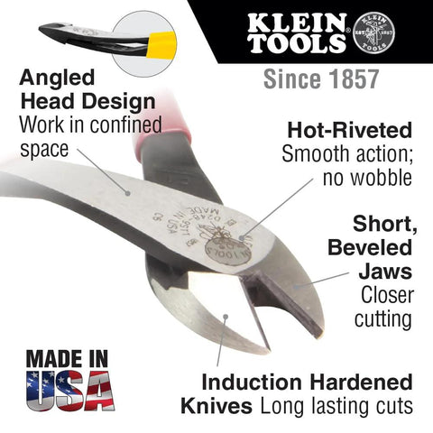 Klein Tools D248-8 diagonal cutting pliers, 8-inch, angled head, close-up, made in USA