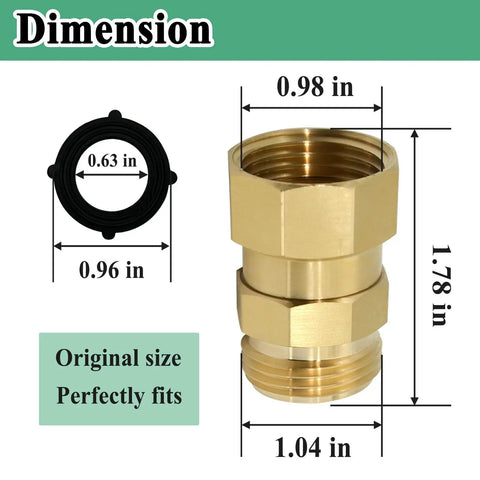 Swivel Garden Hose Fitting Connector Three Quarter Garden Hose Thread Metal With Rubber Washer Leak Proof Replacement Part For Irrigation, brass adapter with dimensions