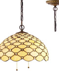 Tiffany Pendant Light Fixture Cream Amber Bead Stained Glass 16 Inch Wide Hanging Lamp With Antique Bronze Finish, chain detail