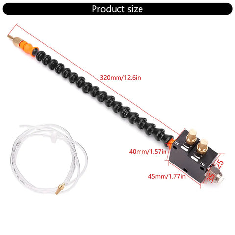 Heavy Duty Acid Resistant Coolant Sprayer With Adjustable Nozzle And Slick Mist Setup For Drill Presses and Workshop Lubrication, detailed view with dimensions.