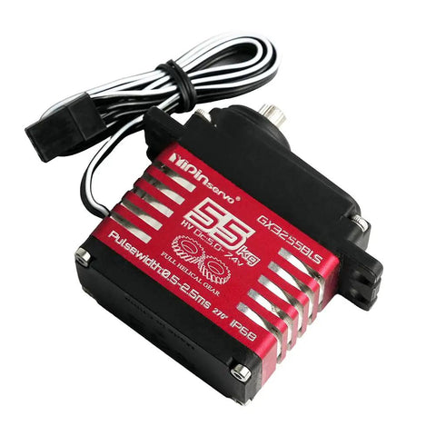 Rock Solid 55kg Brushless Digital Servo Packing Hella Torque And Waterproof Metal Gears Designed For Rc Cars Drones Robots And Flight Control Systems Featuring Smooth 270 Degree Rotation side view with wire.