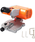 No Sweat Mini Benchtop Chop Saw 45 Degree Miter Angle Cutter for quick wood and metal cuts, showing motor and base details.