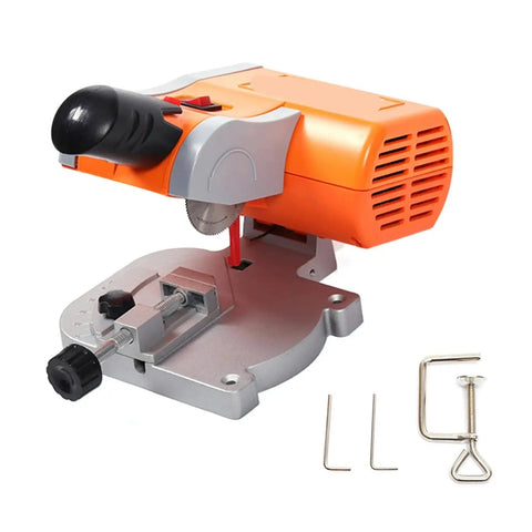 No Sweat Mini Benchtop Chop Saw 45 Degree Miter Angle Cutter for quick wood and metal cuts, showing motor and base details.