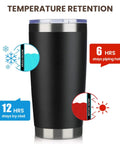 Eight Tough As Nails Twenty Ounce Double Wall Insulated Stainless Steel Tumblers With Secure Lids And Straws That Keep Your Sippin Frosty Or Steaming Hot All Day Long In Sleek Black Finish showing temperature retention details.